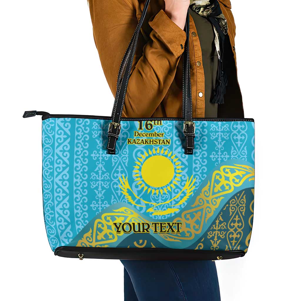 Kazakhstan Independence Day Personalized Leather Tote Bag 16 December with Kazakh Pattern - Wonder Print Shop