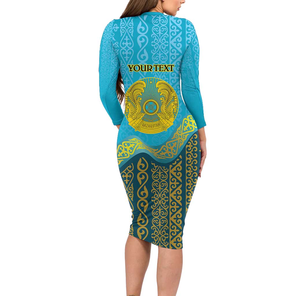 Kazakhstan Independence Day Personalized Long Sleeve Bodycon Dress 16 December with Kazakh Pattern - Wonder Print Shop