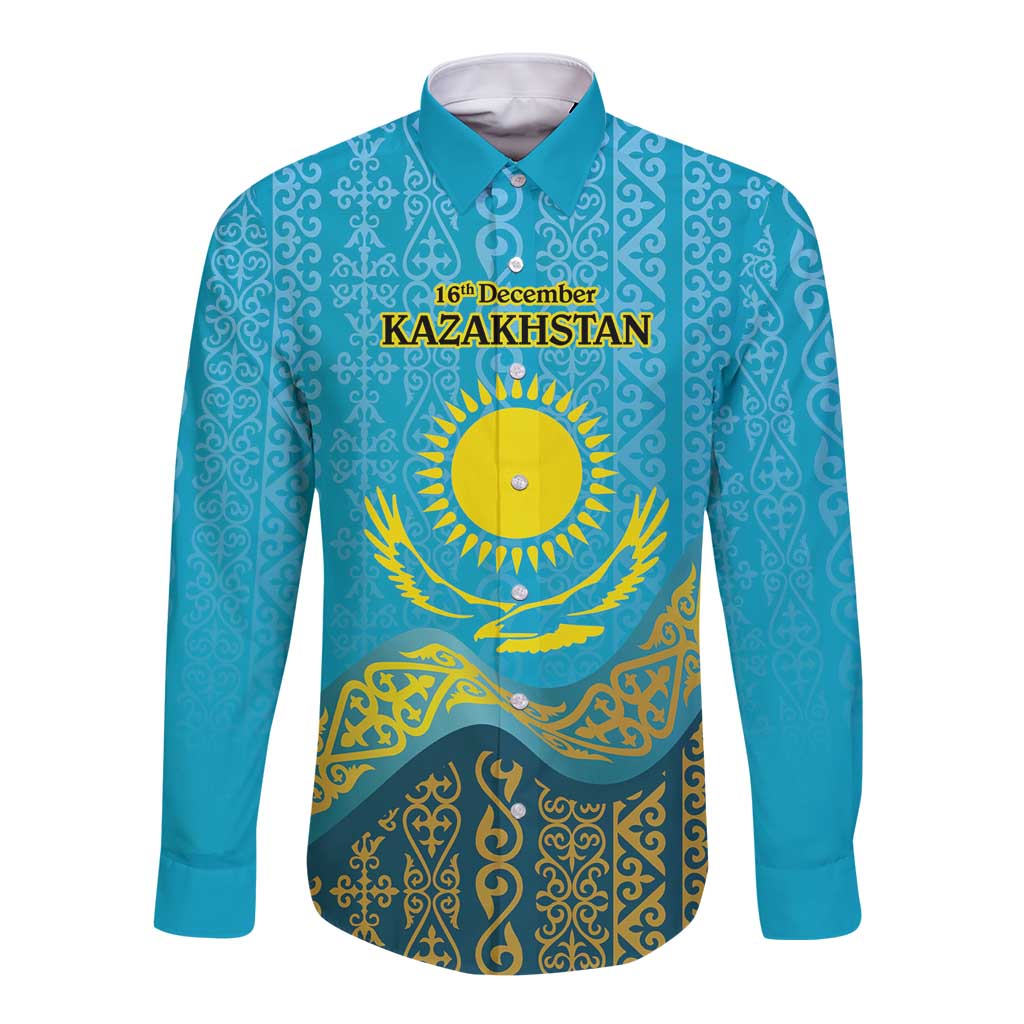 Kazakhstan Independence Day Personalized Long Sleeve Button Shirt 16 December with Kazakh Pattern - Wonder Print Shop