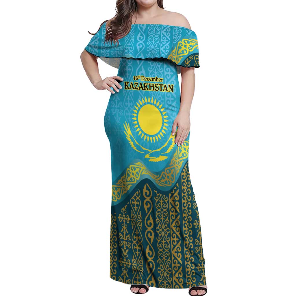 Kazakhstan Independence Day Personalized Off Shoulder Maxi Dress 16 December with Kazakh Pattern - Wonder Print Shop