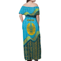 Kazakhstan Independence Day Personalized Off Shoulder Maxi Dress 16 December with Kazakh Pattern - Wonder Print Shop
