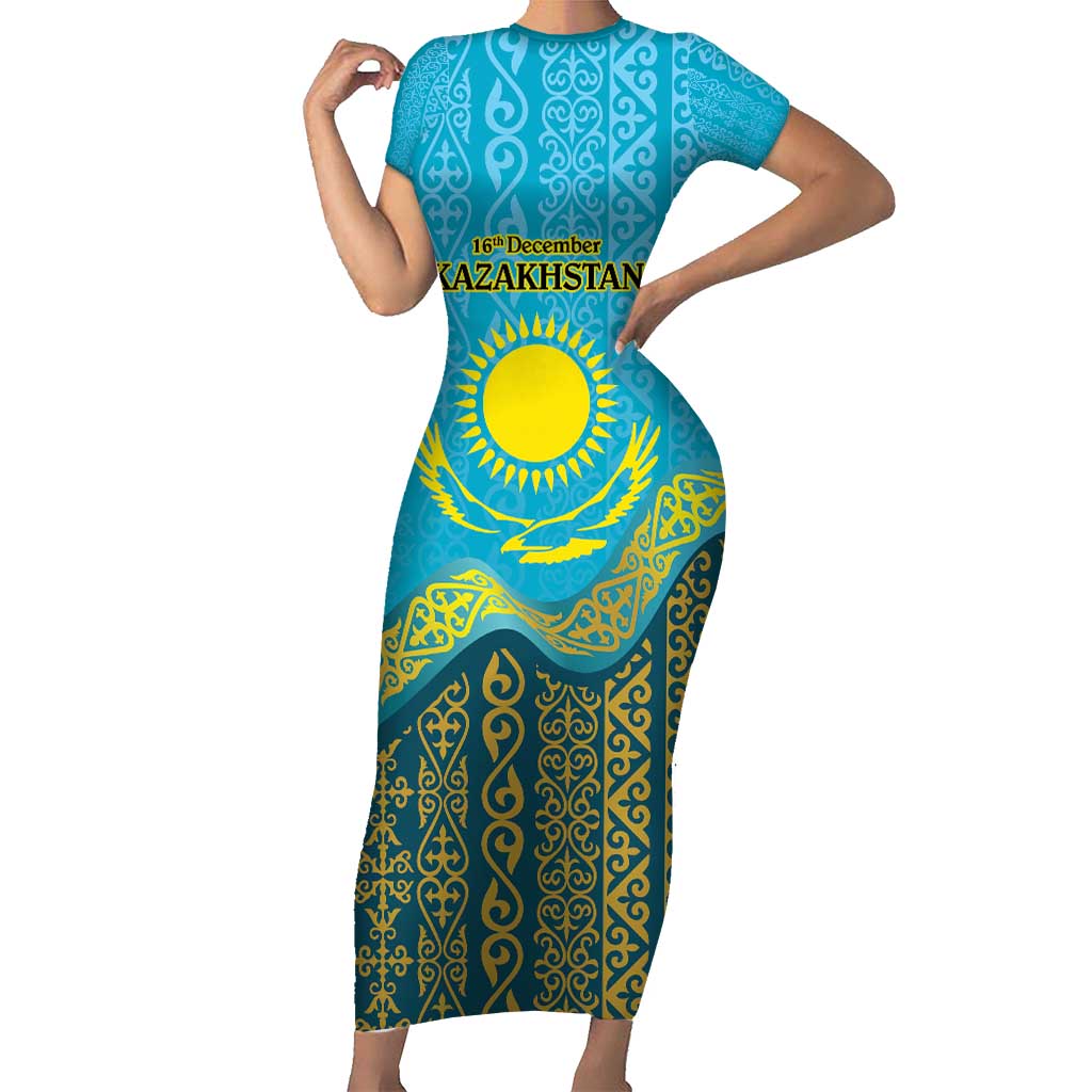Kazakhstan Independence Day Personalized Short Sleeve Bodycon Dress 16 December with Kazakh Pattern - Wonder Print Shop