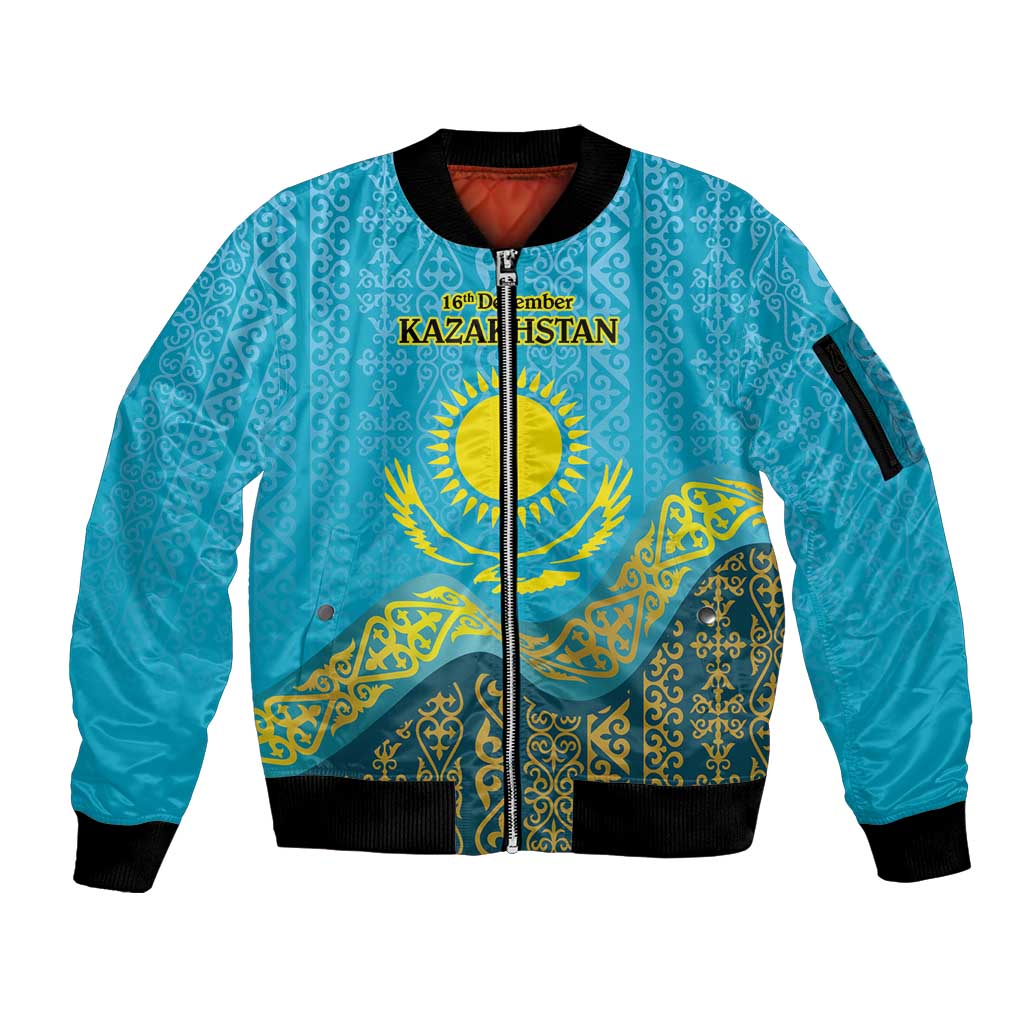 Kazakhstan Independence Day Personalized Sleeve Zip Bomber Jacket 16 December with Kazakh Pattern - Wonder Print Shop