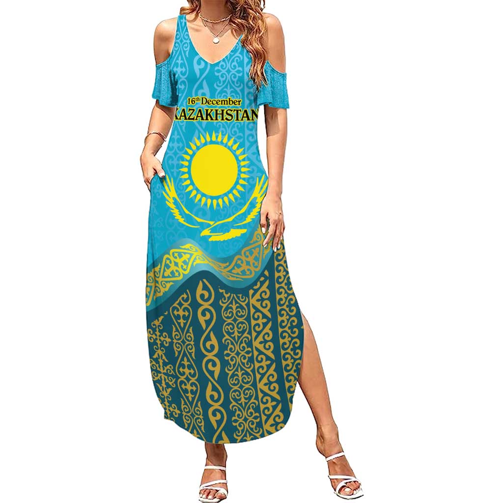 Kazakhstan Independence Day Personalized Summer Maxi Dress 16 December with Kazakh Pattern - Wonder Print Shop