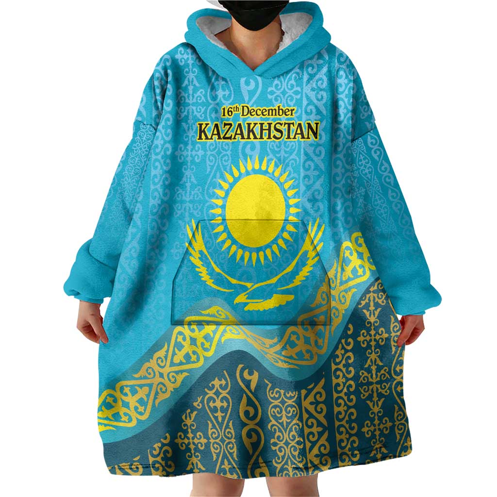 Kazakhstan Independence Day Personalized Wearable Blanket Hoodie 16 December with Kazakh Pattern - Wonder Print Shop