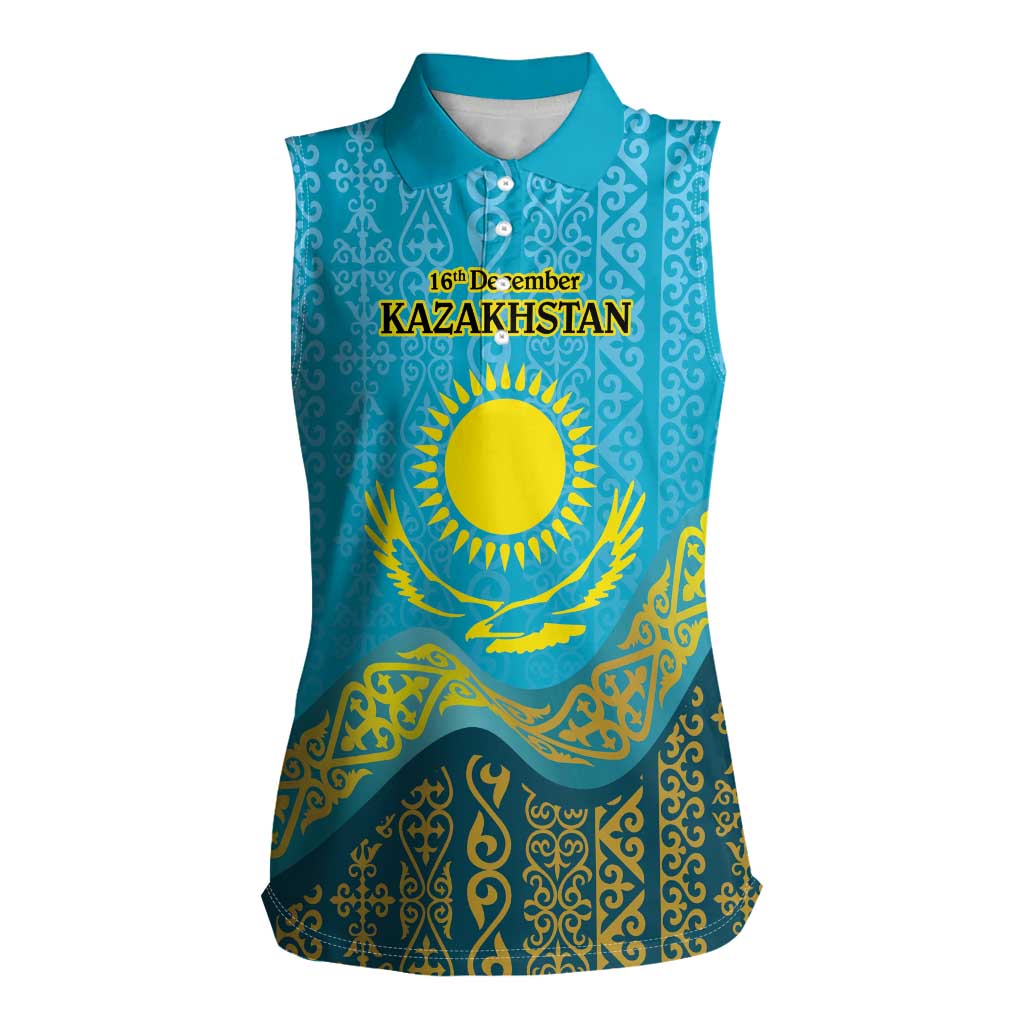 Kazakhstan Independence Day Personalized Women Sleeveless Polo Shirt 16 December with Kazakh Pattern - Wonder Print Shop