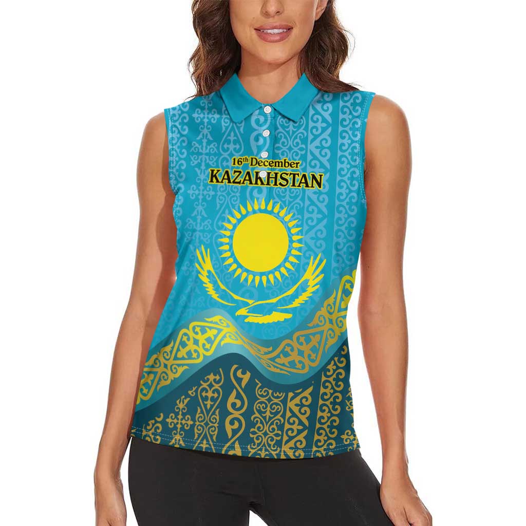 Kazakhstan Independence Day Personalized Women Sleeveless Polo Shirt 16 December with Kazakh Pattern - Wonder Print Shop