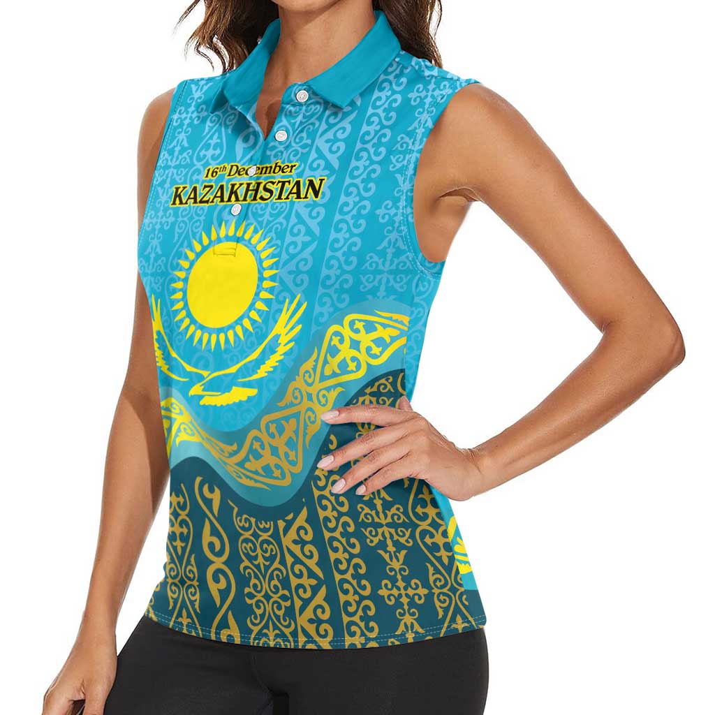 Kazakhstan Independence Day Personalized Women Sleeveless Polo Shirt 16 December with Kazakh Pattern - Wonder Print Shop