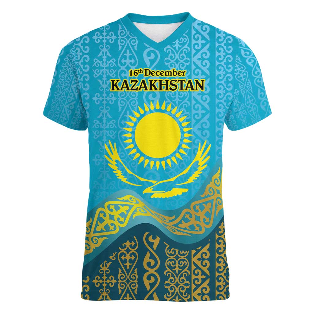Kazakhstan Independence Day Personalized Women V-Neck T-Shirt 16 December with Kazakh Pattern - Wonder Print Shop