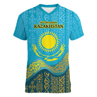 Kazakhstan Independence Day Personalized Women V-Neck T-Shirt 16 December with Kazakh Pattern - Wonder Print Shop