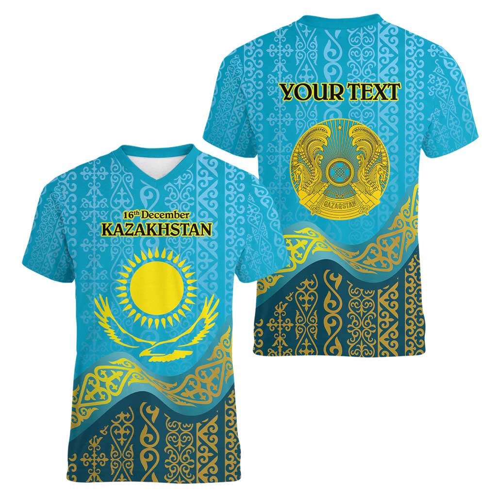 Kazakhstan Independence Day Personalized Women V-Neck T-Shirt 16 December with Kazakh Pattern - Wonder Print Shop