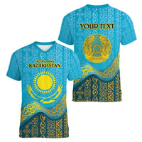 Kazakhstan Independence Day Personalized Women V-Neck T-Shirt 16 December with Kazakh Pattern - Wonder Print Shop