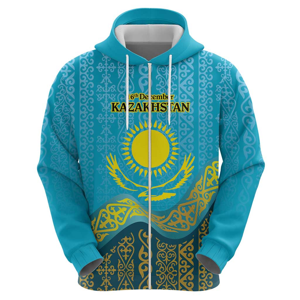 Kazakhstan Independence Day Personalized Zip Hoodie 16 December with Kazakh Pattern - Wonder Print Shop