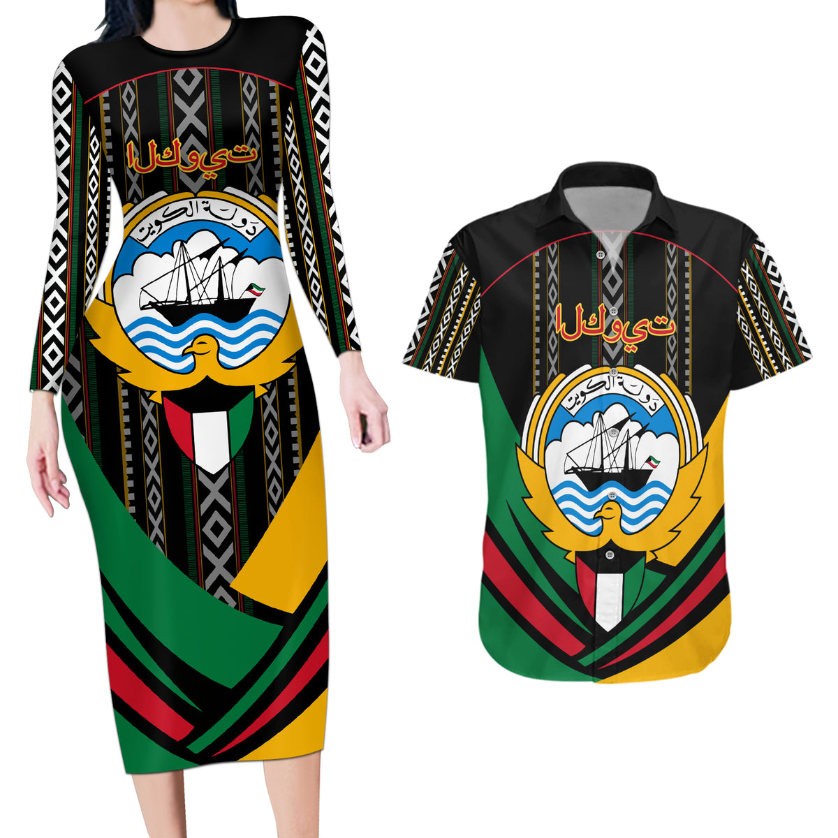 Kuwait Hawk of Quraish With Al Sadu Pattern Personalized Couples Matching Long Sleeve Bodycon Dress and Hawaiian Shirt LT9 - Wonder Print Shop