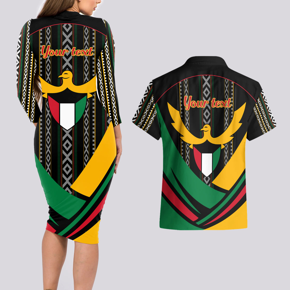 Kuwait Hawk of Quraish With Al Sadu Pattern Personalized Couples Matching Long Sleeve Bodycon Dress and Hawaiian Shirt LT9 - Wonder Print Shop