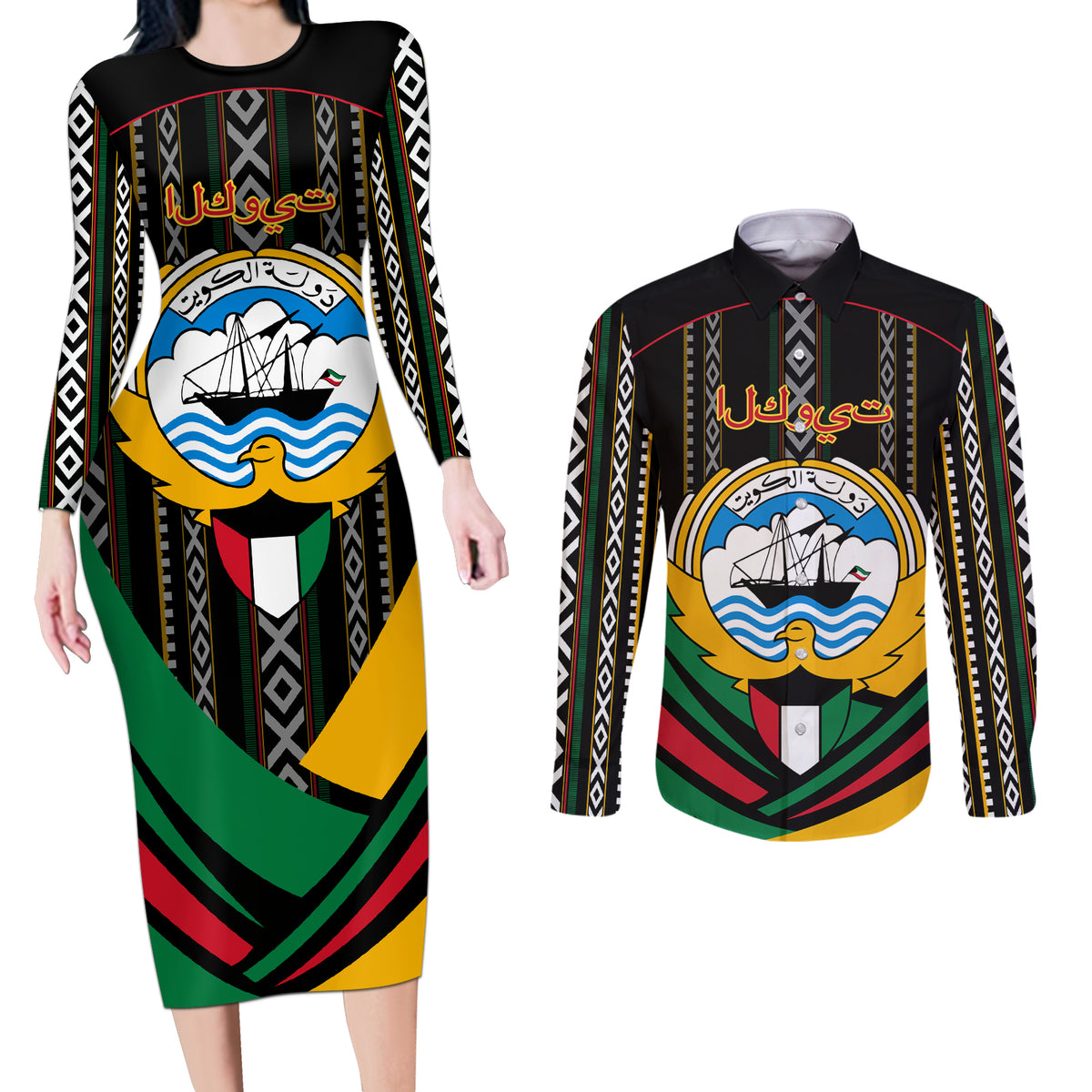 Kuwait Hawk of Quraish With Al Sadu Pattern Personalized Couples Matching Long Sleeve Bodycon Dress and Long Sleeve Button Shirt LT9 - Wonder Print Shop