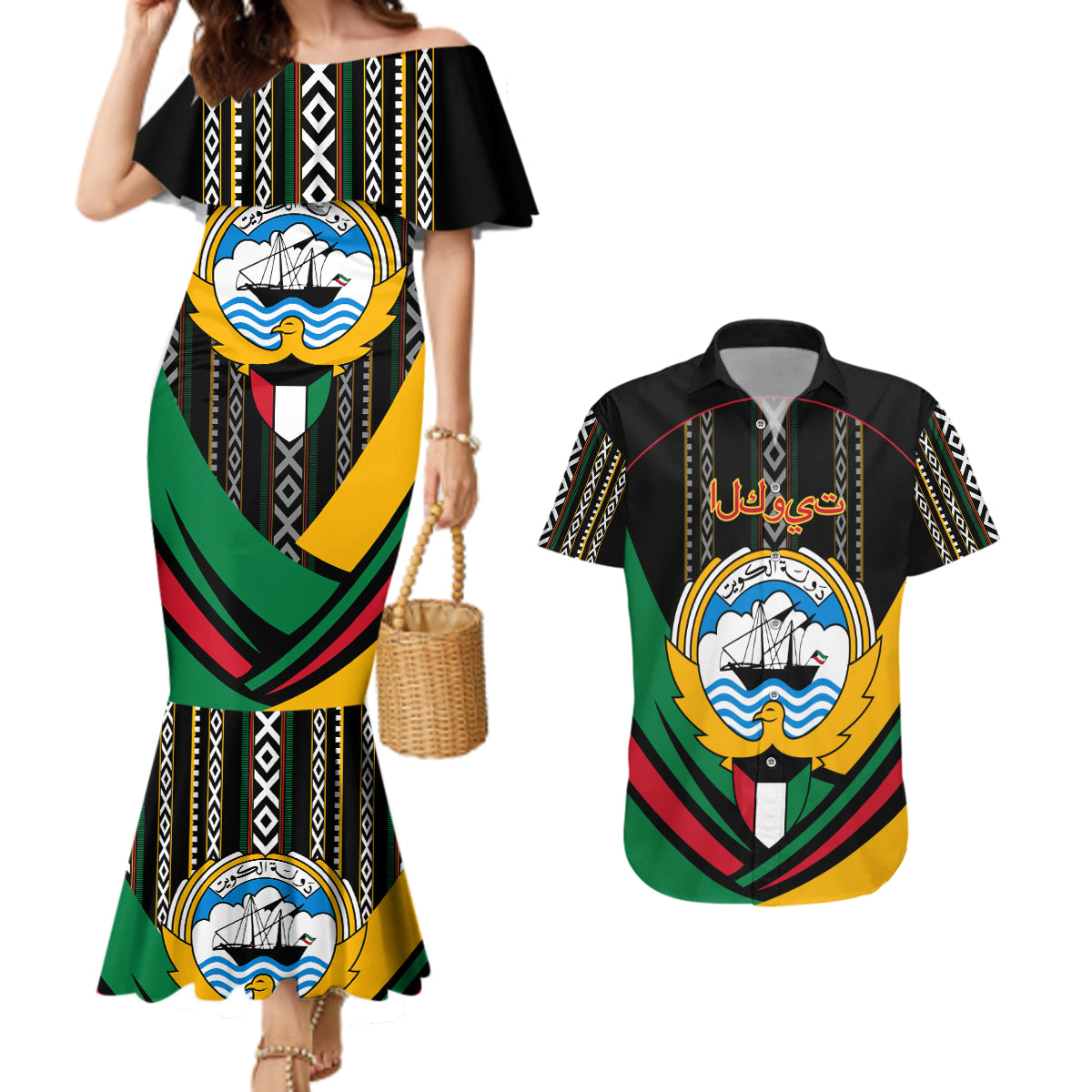 Kuwait Hawk of Quraish With Al Sadu Pattern Personalized Couples Matching Mermaid Dress and Hawaiian Shirt LT9 - Wonder Print Shop