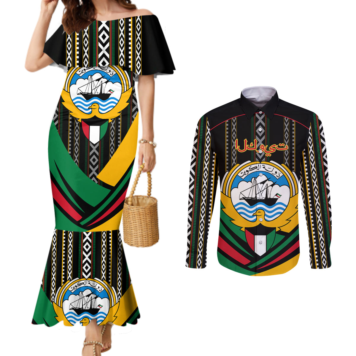 kuwait-hawk-of-quraish-with-al-sadu-pattern-personalized-couples-matching-mermaid-dress-and-long-sleeve-button-shirt