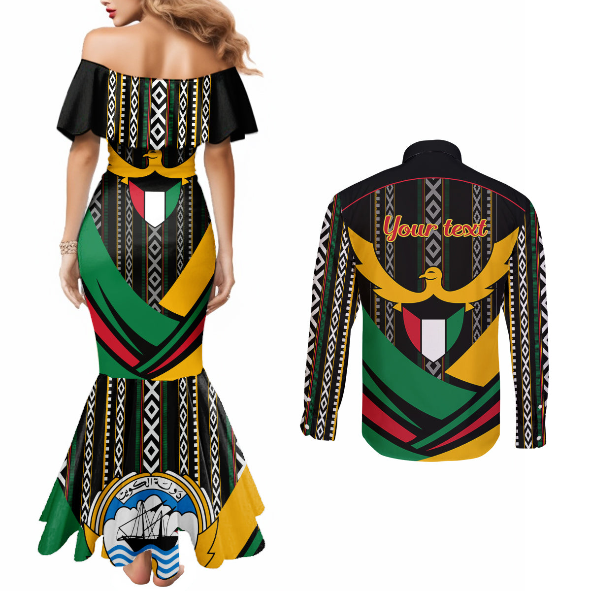 kuwait-hawk-of-quraish-with-al-sadu-pattern-personalized-couples-matching-mermaid-dress-and-long-sleeve-button-shirt