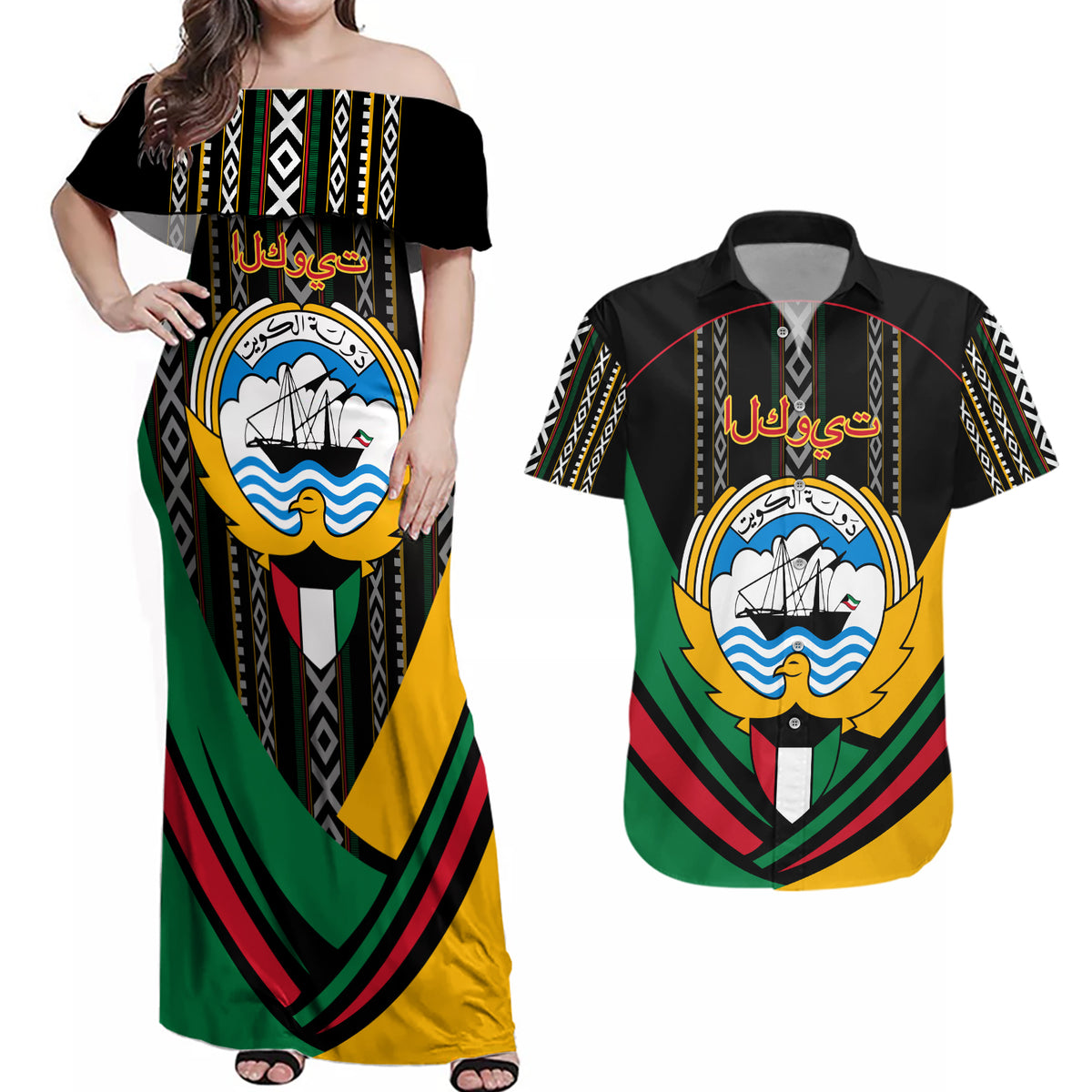 Kuwait Hawk of Quraish With Al Sadu Pattern Personalized Couples Matching Off Shoulder Maxi Dress and Hawaiian Shirt LT9 - Wonder Print Shop