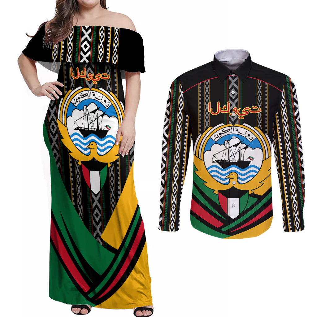 Kuwait Hawk of Quraish With Al Sadu Pattern Personalized Couples Matching Off Shoulder Maxi Dress and Long Sleeve Button Shirt LT9 - Wonder Print Shop
