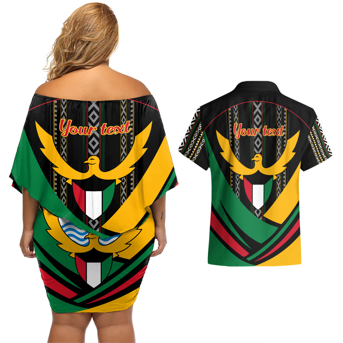 Kuwait Hawk of Quraish With Al Sadu Pattern Personalized Couples Matching Off Shoulder Short Dress and Hawaiian Shirt LT9 - Wonder Print Shop