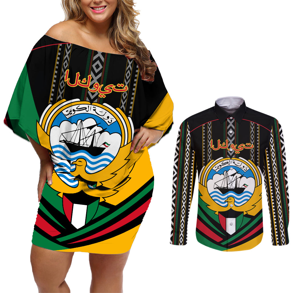 Kuwait Hawk of Quraish With Al Sadu Pattern Personalized Couples Matching Off Shoulder Short Dress and Long Sleeve Button Shirt LT9 - Wonder Print Shop