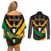 Kuwait Hawk of Quraish With Al Sadu Pattern Personalized Couples Matching Off Shoulder Short Dress and Long Sleeve Button Shirt LT9 - Wonder Print Shop