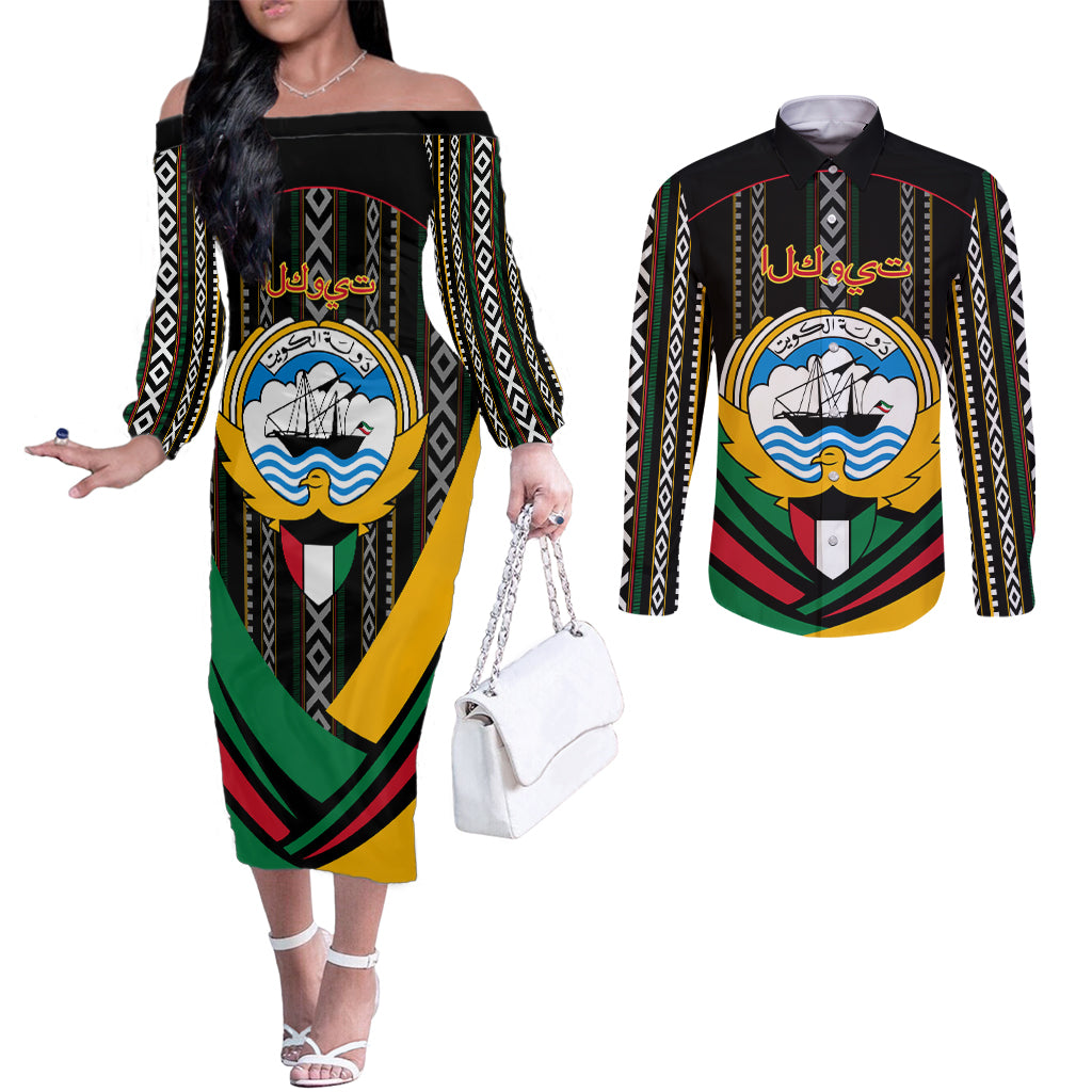 kuwait-hawk-of-quraish-with-al-sadu-pattern-personalized-couples-matching-off-the-shoulder-long-sleeve-dress-and-long-sleeve-button-shirt