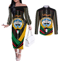 kuwait-hawk-of-quraish-with-al-sadu-pattern-personalized-couples-matching-off-the-shoulder-long-sleeve-dress-and-long-sleeve-button-shirt