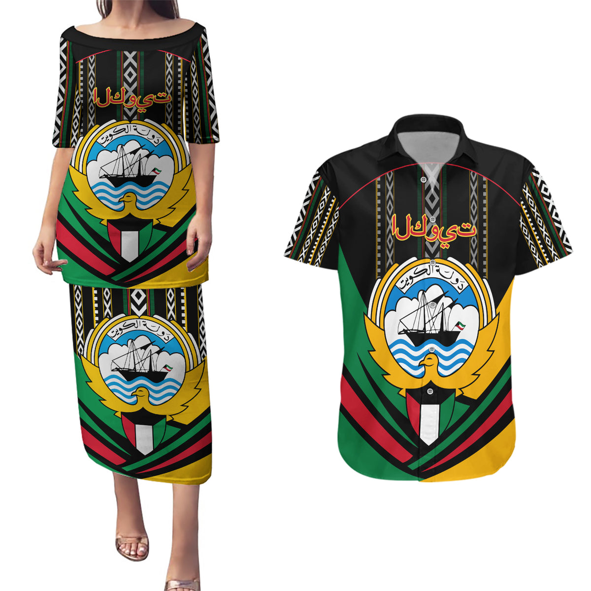 Kuwait Hawk of Quraish With Al Sadu Pattern Personalized Couples Matching Puletasi and Hawaiian Shirt LT9 - Wonder Print Shop