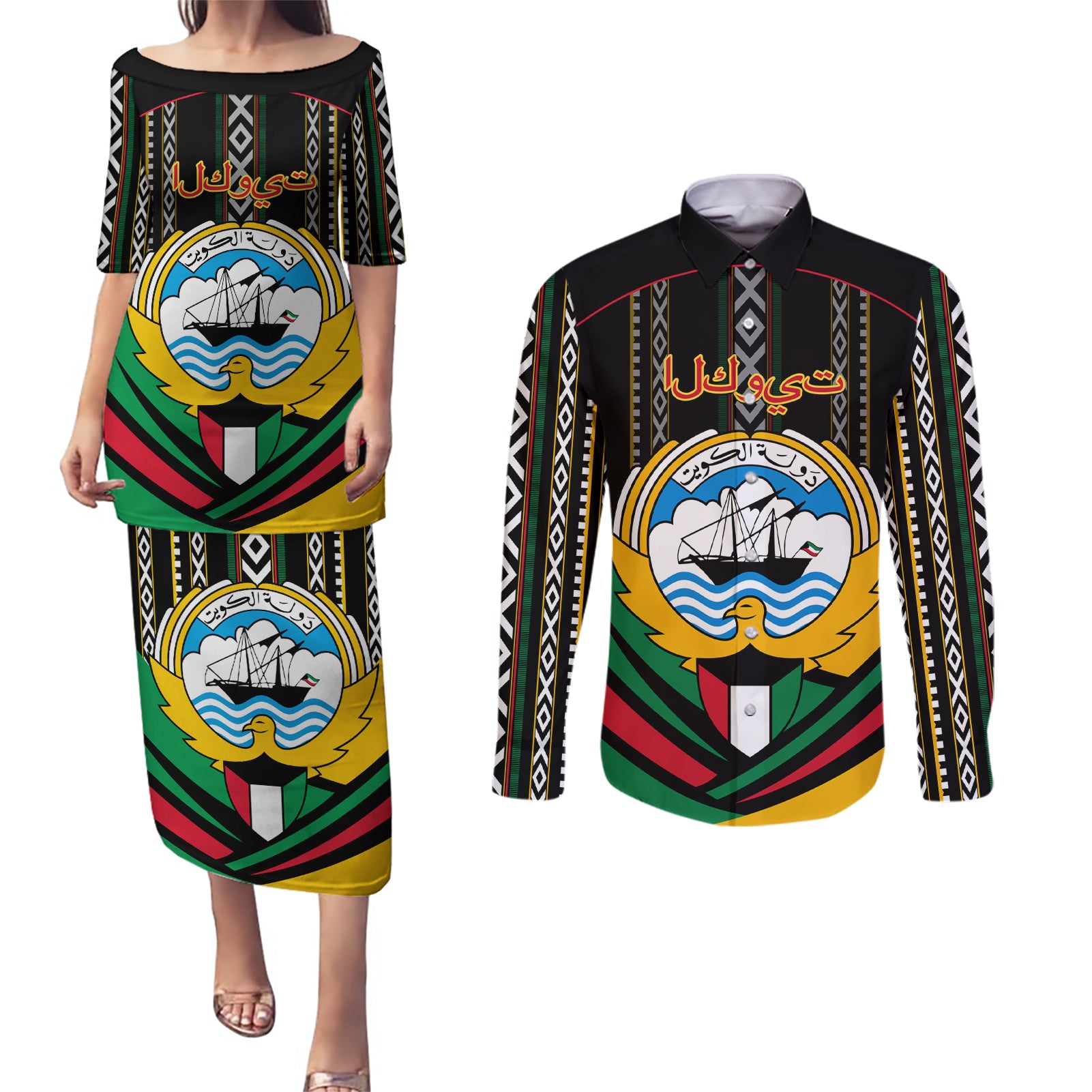 Kuwait Hawk of Quraish With Al Sadu Pattern Personalized Couples Matching Puletasi and Long Sleeve Button Shirt LT9 - Wonder Print Shop