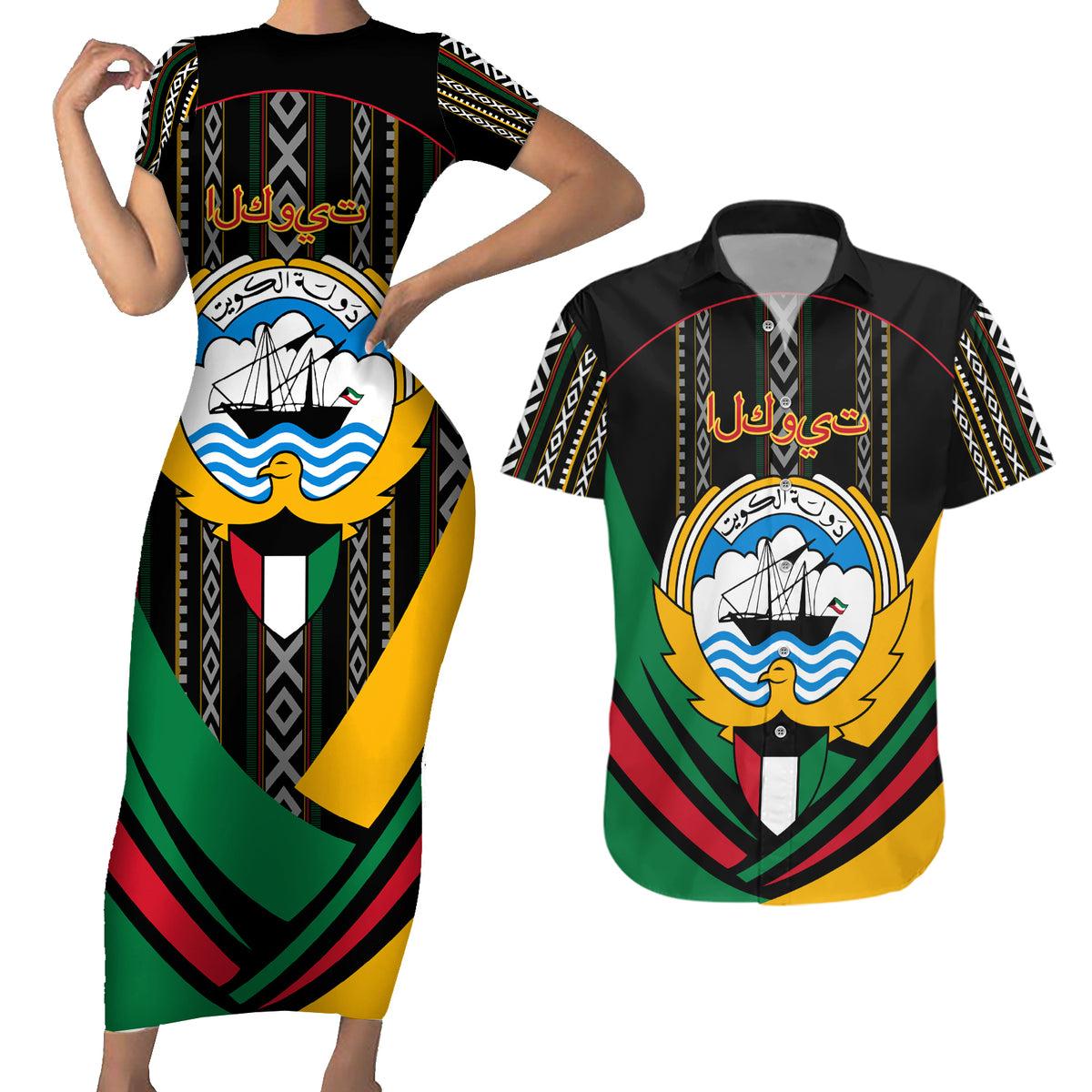 Kuwait Hawk of Quraish With Al Sadu Pattern Personalized Couples Matching Short Sleeve Bodycon Dress and Hawaiian Shirt LT9 - Wonder Print Shop
