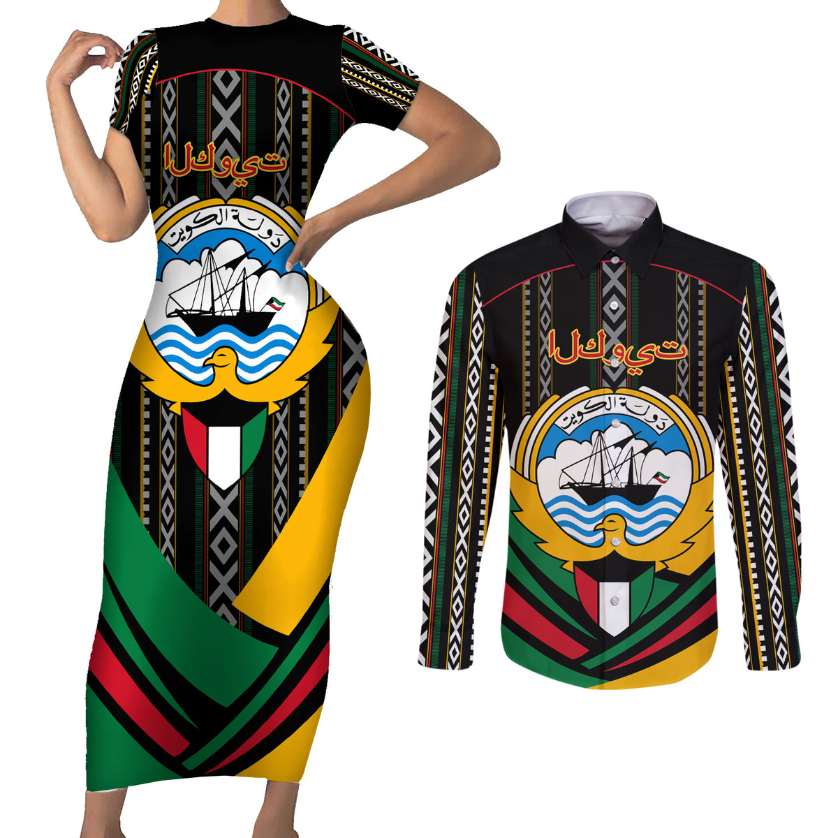 Kuwait Hawk of Quraish With Al Sadu Pattern Personalized Couples Matching Short Sleeve Bodycon Dress and Long Sleeve Button Shirt LT9 - Wonder Print Shop