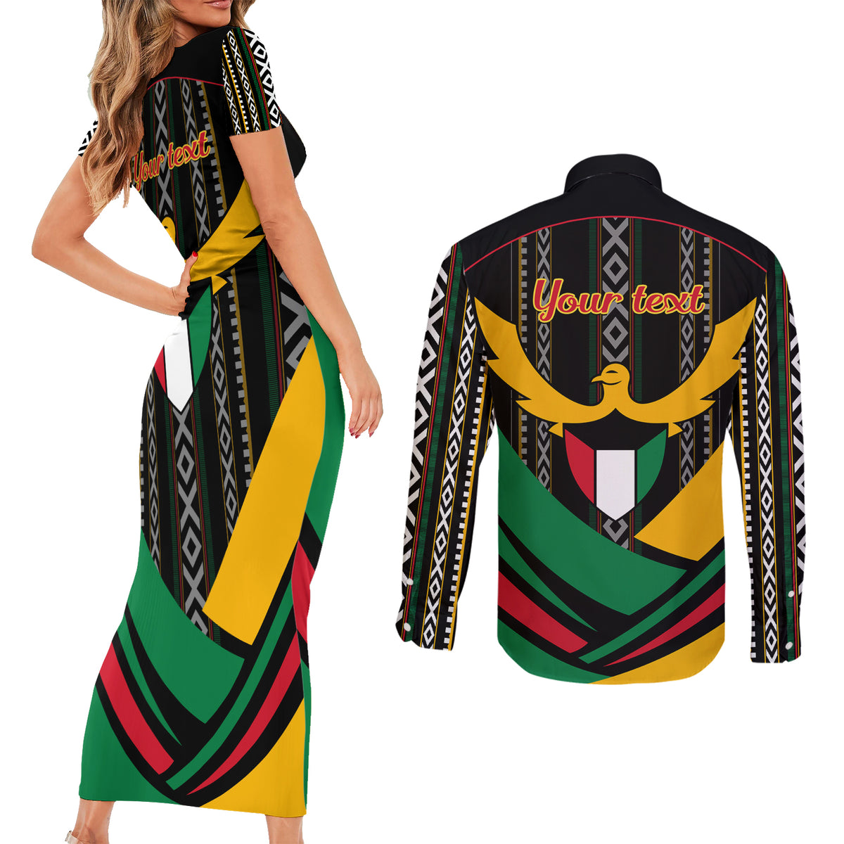 Kuwait Hawk of Quraish With Al Sadu Pattern Personalized Couples Matching Short Sleeve Bodycon Dress and Long Sleeve Button Shirt LT9 - Wonder Print Shop