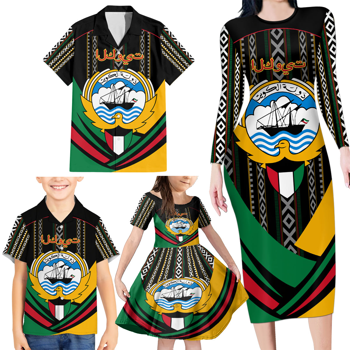 Kuwait Hawk of Quraish With Al Sadu Pattern Personalized Family Matching Long Sleeve Bodycon Dress and Hawaiian Shirt LT9 - Wonder Print Shop