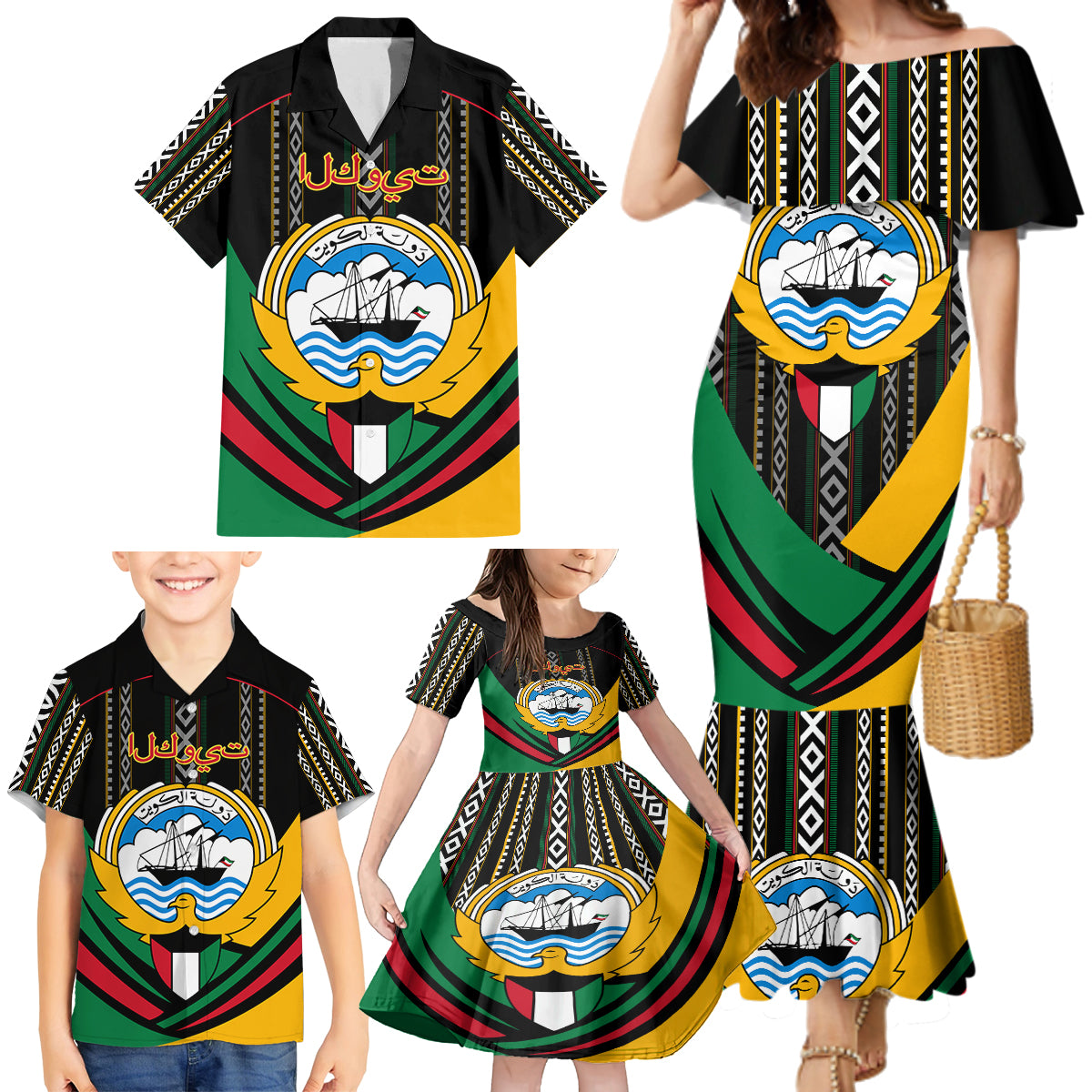 Kuwait Hawk of Quraish With Al Sadu Pattern Personalized Family Matching Mermaid Dress and Hawaiian Shirt LT9 - Wonder Print Shop