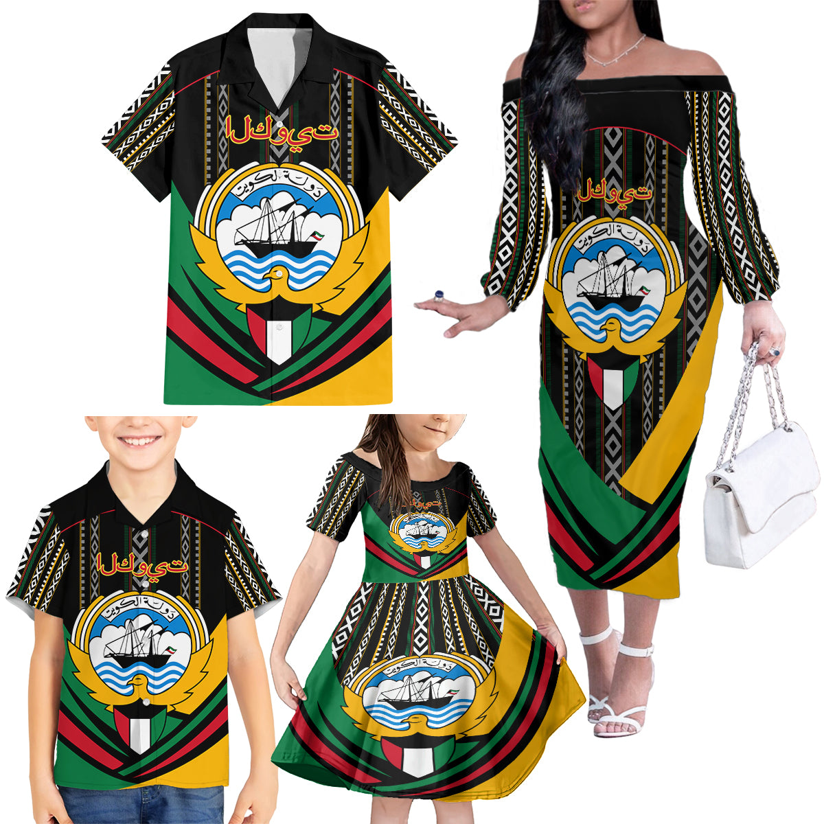 Kuwait Hawk of Quraish With Al Sadu Pattern Personalized Family Matching Off Shoulder Long Sleeve Dress and Hawaiian Shirt - Wonder Print Shop
