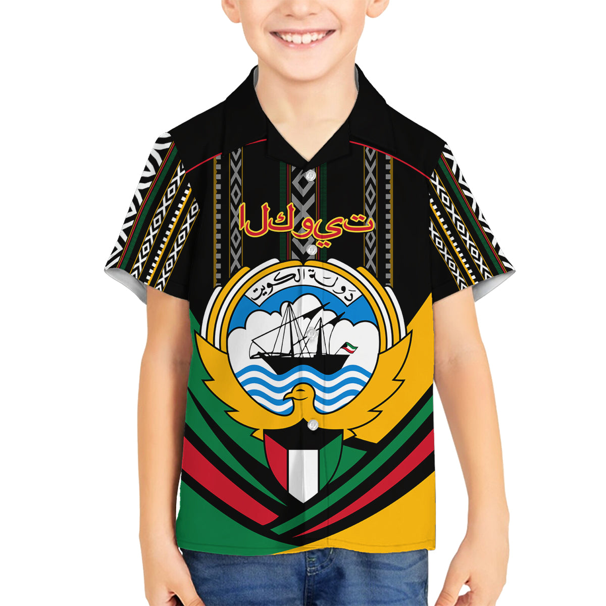 Kuwait Hawk of Quraish With Al Sadu Pattern Personalized Family Matching Off Shoulder Long Sleeve Dress and Hawaiian Shirt - Wonder Print Shop