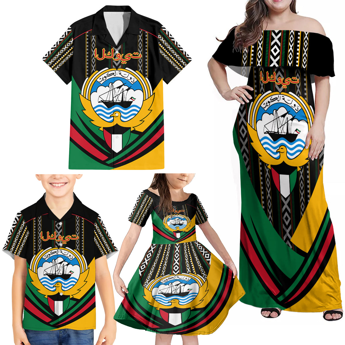 Kuwait Hawk of Quraish With Al Sadu Pattern Personalized Family Matching Off Shoulder Maxi Dress and Hawaiian Shirt LT9 - Wonder Print Shop