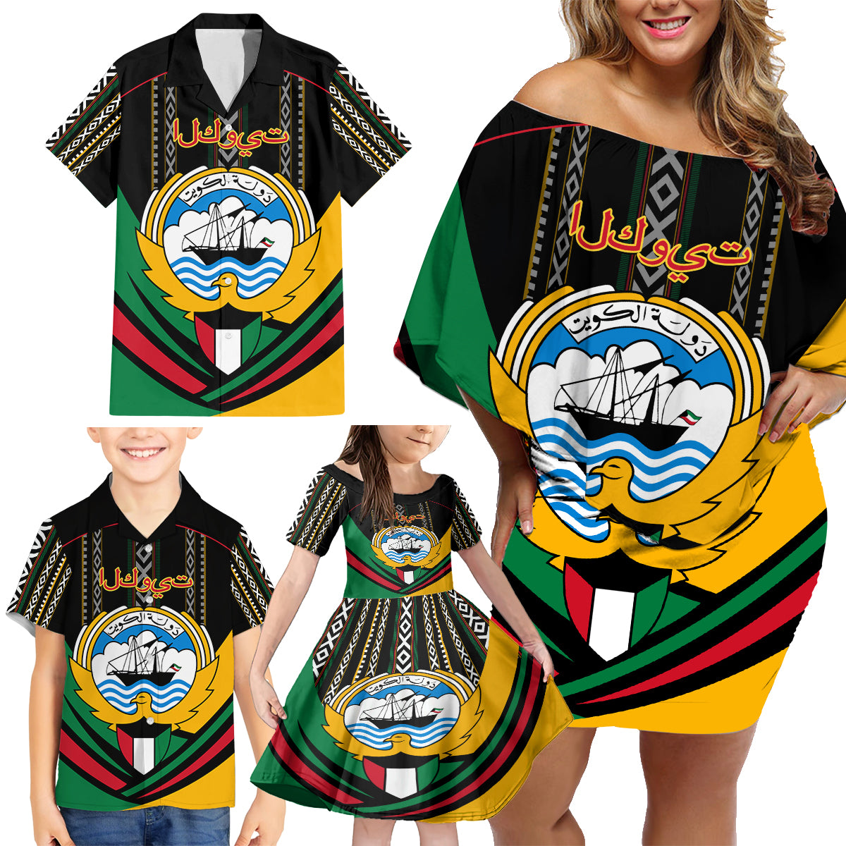 Kuwait Hawk of Quraish With Al Sadu Pattern Personalized Family Matching Off Shoulder Short Dress and Hawaiian Shirt LT9 - Wonder Print Shop