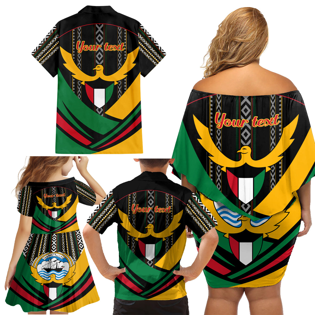 Kuwait Hawk of Quraish With Al Sadu Pattern Personalized Family Matching Off Shoulder Short Dress and Hawaiian Shirt LT9 - Wonder Print Shop