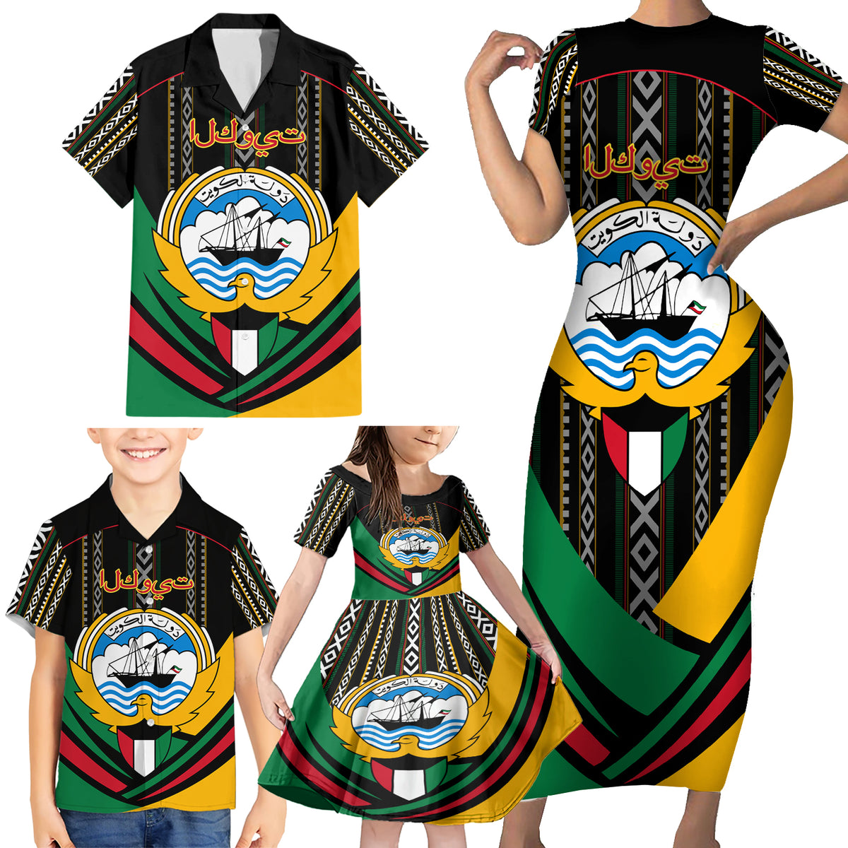 Kuwait Hawk of Quraish With Al Sadu Pattern Personalized Family Matching Short Sleeve Bodycon Dress and Hawaiian Shirt - Wonder Print Shop
