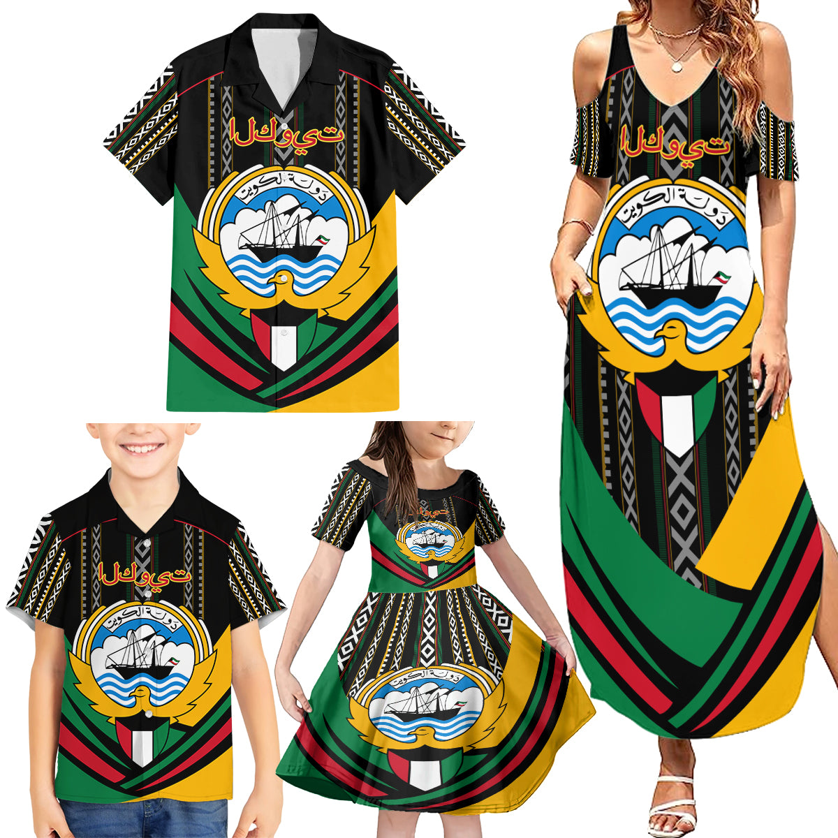 Kuwait Hawk of Quraish With Al Sadu Pattern Personalized Family Matching Summer Maxi Dress and Hawaiian Shirt - Wonder Print Shop