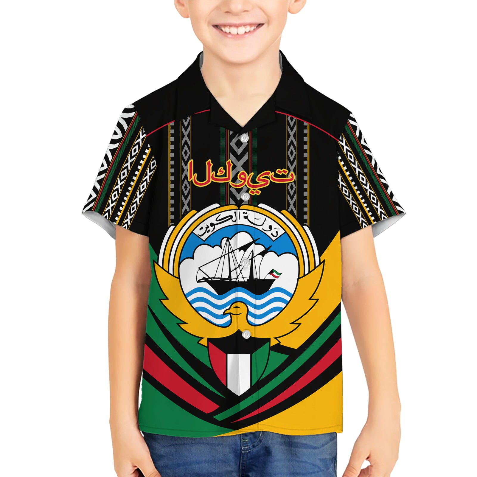 Kuwait Hawk of Quraish With Al Sadu Pattern Personalized Kid Hawaiian Shirt - Wonder Print Shop