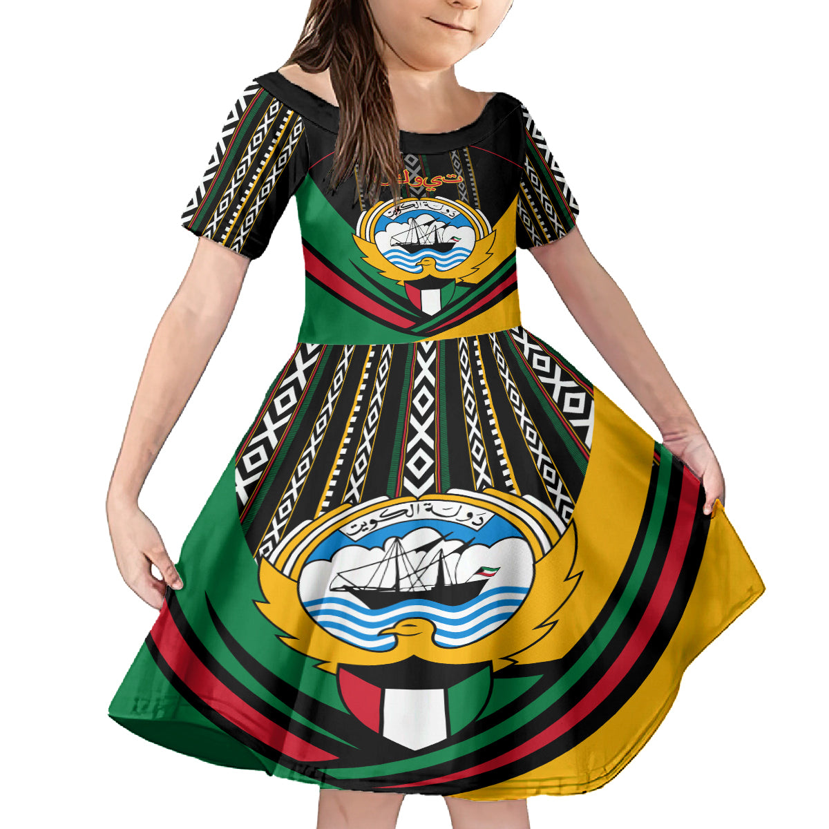 Kuwait Hawk of Quraish With Al Sadu Pattern Personalized Kid Short Sleeve Dress - Wonder Print Shop