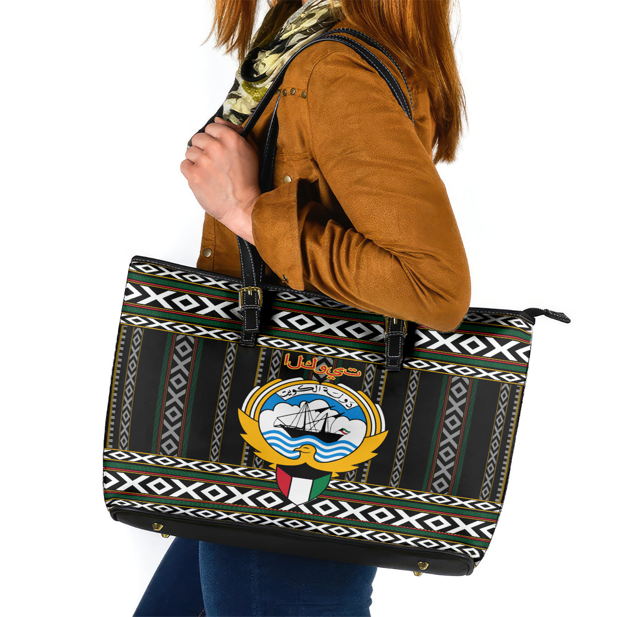 Kuwait Hawk of Quraish With Al Sadu Pattern Personalized Leather Tote Bag - Wonder Print Shop