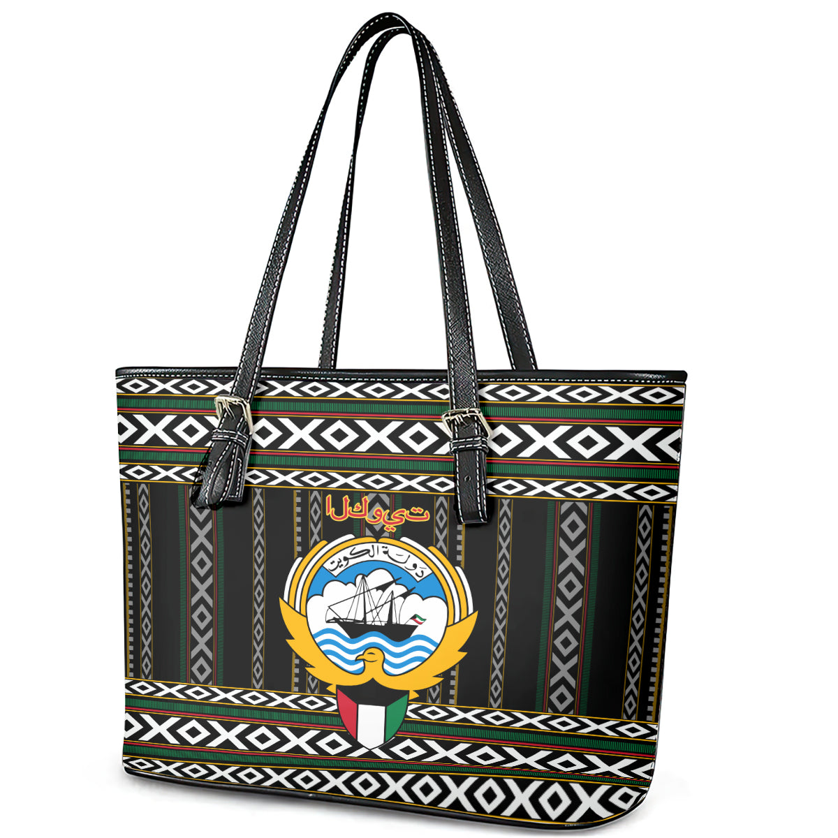 Kuwait Hawk of Quraish With Al Sadu Pattern Personalized Leather Tote Bag - Wonder Print Shop
