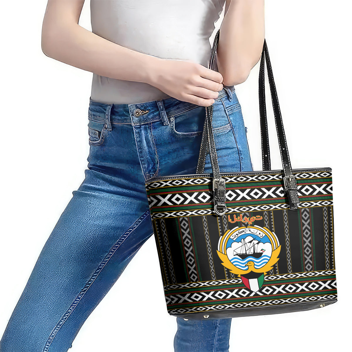 Kuwait Hawk of Quraish With Al Sadu Pattern Personalized Leather Tote Bag - Wonder Print Shop