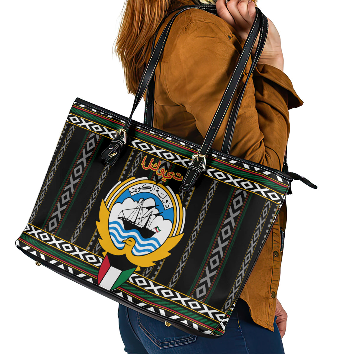 Kuwait Hawk of Quraish With Al Sadu Pattern Personalized Leather Tote Bag - Wonder Print Shop